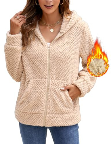 Yeenily Sudaderas Forro Polar Mujer Invierno Cálido Chaqueta con Capucha Informal Cremallera Peluche Abrigo Otoño Fleece Pullover Cazadora con Bolsillos (Albaricoque, S)