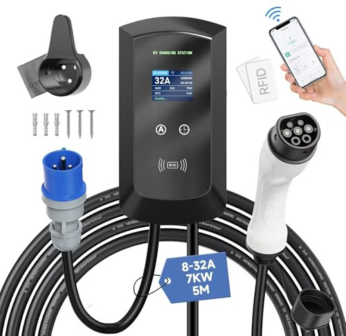 AFYEEV Cargador Coche Eléctrico Tipo 2 CEE, 7kW/ Monofásica / 8-32A / IP65 Impermeable, Cargador Coche Electrico con Control App/RFID, Enchufe Europeo IEC 62196-2 con Cable 5M