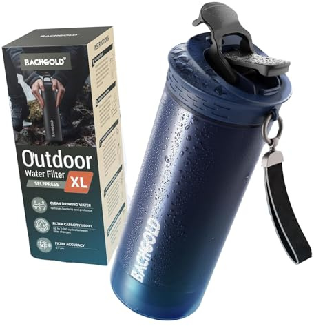 Bachgold® Profi Outdoor Wasserfilter Flasche I Entfernt 99,99% aller Bakterien und filtert Mikroplastik, Partikel und Chlor I Blackout & Krisensicher (Blau, 800ml)