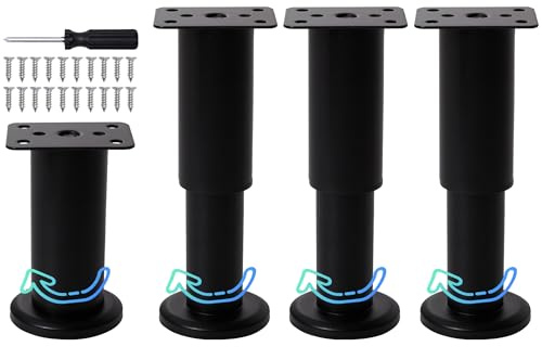 INMOZATA 4x Furniture Legs, 12-18cm Height Adjustable Legs with Screwdriver &20 Screws, Metal Sofa Legs Bed Legs Cabinet Legs, for Table Desk Chair Replacement Furniture Feet, Black