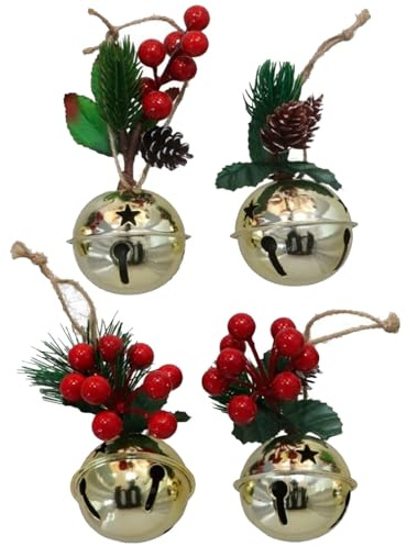 Tradineur - Pack de 4 Cascabeles Colgantes con Piñas - Fabricado en Plástico - Decoración navideña - Ø 6 cm - Color Dorado - Modelo Aleatorio