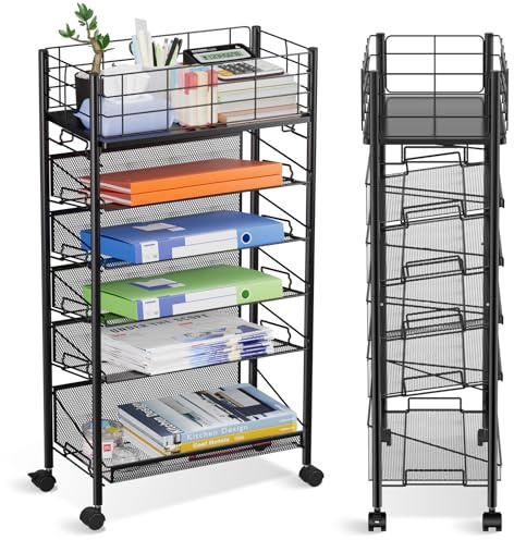 Shrivee Carrello Portadocumenti Ufficio 6 Ripiani con Ruote Mobile Salvaspazio Multifunzionale Acciaio Porta Schedario Cucina Storage Rack (Nero)