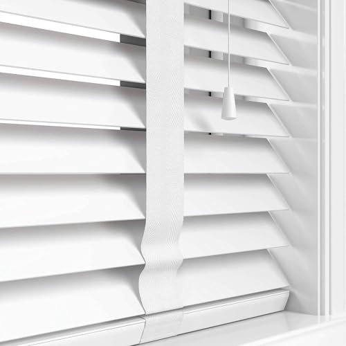 Funky Gadgets Faux Wood Blinds Wooden Grain window Venetian Blind 50mm Horizontal Smooth Slats with Tape White Silver/Grey TRIMMABLE Child Safe (White, W114cmxL150cm)