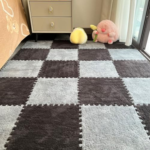 12 alfombrillas cuadradas de rompecabezas, azulejos de alfombra entrelazados de felpa, azulejos de espuma EVA antideslizantes, construyen un área segura para dormitorio, sala de juegos (gris + negro)