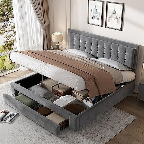 Dolamaní Polsterbett Boxspringbett 180x200 mit Bettkasten und Verstellbares Kopfteil, Stauraumbett mit 2 Schubladen, Doppelbett Jugendbett, Holzlattenrost, großer Stauraum, Samt, Grau