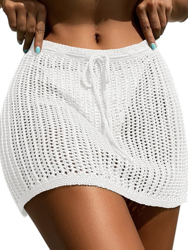 SECRETEYARD Womens Crochet Cover Up Shorts Hollow Out High Waist Tie Front Knit Swimsuit Beach Skirt Coverups (White, Small)