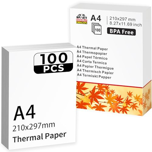 Double Dragon Papier Thermique A4 | 100 Feuilles | 210x297mm (8.27 x 11.69) | Compatible avec Phomemo M08F, M832, M834, Q302, Brother, Munbyn et autres imprimantes thermiques A4 (100 feuilles)