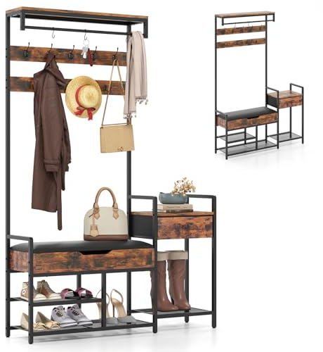 HOMASIS 5 in 1 Garderobenständer mit Sitzbank, Garderobe mit 12 Haken, Schuhregal, Kleiderstange, Schubladen & Ablage, Metall Kleiderständer Flurgarderobe mit Stauraum, Vintage-Braun, 120x30x178cm