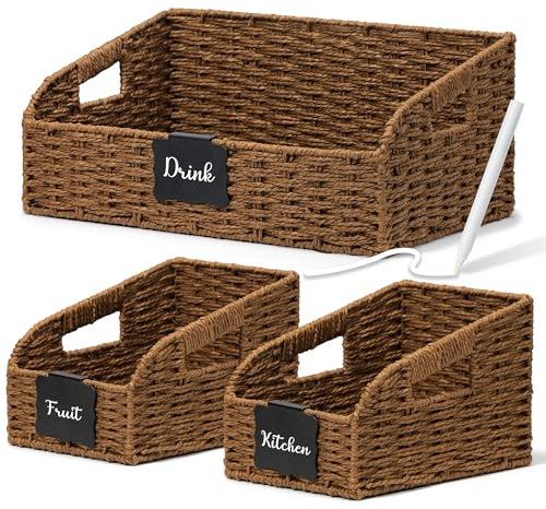 Stylave Pantry Organizers, Large Wicker Baskets for Shelves, Labeled Storage Baskets for Organizing with Handles - Paper Storage Bins for Shelves, 3 Pack, Brown
