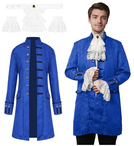 JDFAIJEAL Veste Steampunk Vintage Gothique pour Homme, Manteau Médiéval Victorien Renaissance, Costume pour Carnaval Halloween et Cosplay (Bleu, XXXL)