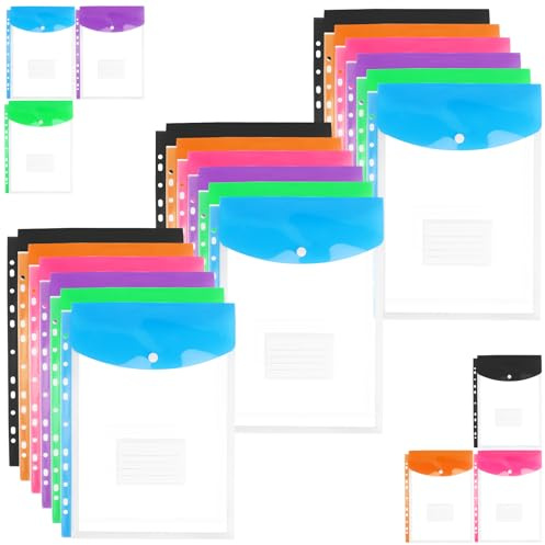 BTBHIHO 18 carteras de plástico A4 con bolsillos perforados, multicolor, expandibles, 11 agujeros, con botón a presión, bolsa de documentos de material PP para escuela, oficina, uso doméstico