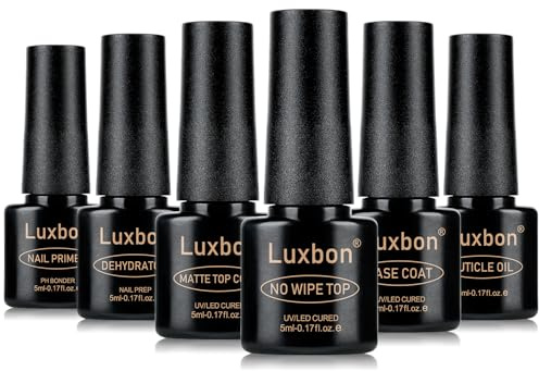 Luxbon 6 st 5ml No Wipe Gel Top Coat och Base Coat Set - Nagelbandsolja, Nail Primer Dehydrator, Matt Top, Långvarig, Glansig Finish, UV LED Nagellampa Soak Off Gel Manikyr