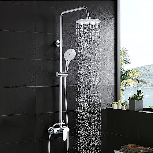 Rehomthy Shower Mixer Set Chrome, Shower System with 21cm Rainfall Shower Head, 3-Function Handheld Shower, Adjustable Height Shower Riser Rail Kit