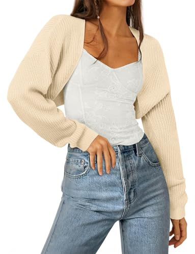 Womens Cropped Cardigans Sweater Open Front Bolero Shrug Ribbed Knitted Y2K Tops Long Sleeve Drop Shoulder Knitwear Fall Outfits 2026 Apricot