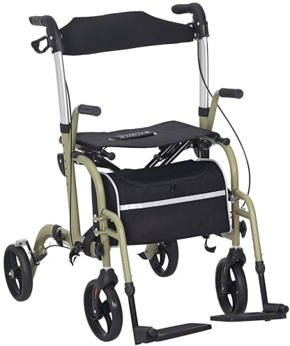 HOMCOM Deambulatore Sedia Rotelle 2 in 1 Pieghevole ad Altezza Regolabile, Rollator Deambulatore per Anziani e Disabili 4 Ruote, Carrello con Seduta, Freni Doppie e Borsa Portaoggetti, in Alluminio