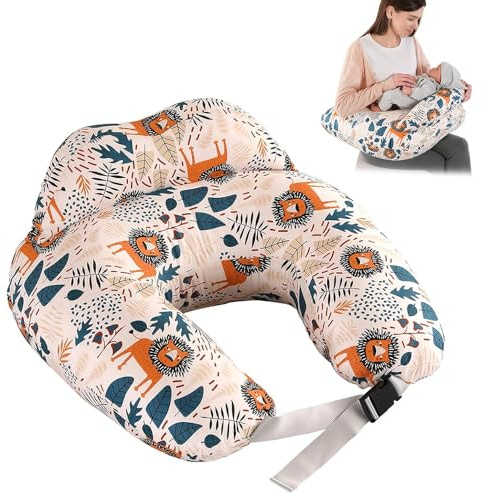 XUXLEKK Cuscino Allattamento del Bambino, Cuscino Multifunzionale per l'Allattamento con Cinturino Regolabile in Vita e Recinzione di Sicurezza, Federa Rimovibile in Cotone, Modello Animale Leone