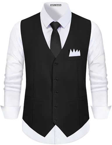 Gentle Season Men's Suit Vest Slim Fit Formal Dress Waistcoat with Tie 3 Pockets Casual Business Black Vests for Men Size L