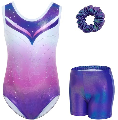 Gogokids Tredelade gymnastiktrikåer för flickor, set med ärmlös trikå, shorts och hårband, glittrande balettdräkter, dansdräkter, gymnastikdräkt med tonad färgdesign, för 3–12 år, 140(130-140 cm,9-10Y