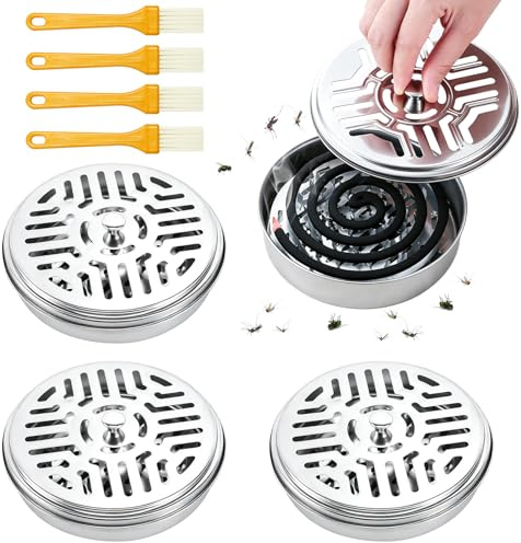 Forbabe 4 stycken myggspiralhållare med lock rostfritt stål myggspiraler | Behållare mygg spolhållare med 4 borstar rökelsespiraler hållare för hemmet camping utomhus
