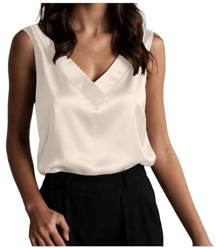 Genérico Blusa Satén Mujer Cuello en V Sin Mangas Seda Elegante Suelta Sólida Verano Casual Camisa de Negocios Parte Superior Informal de Tacto Suave