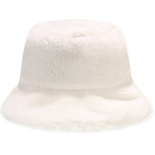 Mujer Hombre Invierno Blanco Gorro de Pescador de Piel Sintética Cálido Esponjoso Felpa Sombrero de Pescador Sombrero de Cubo Peludo