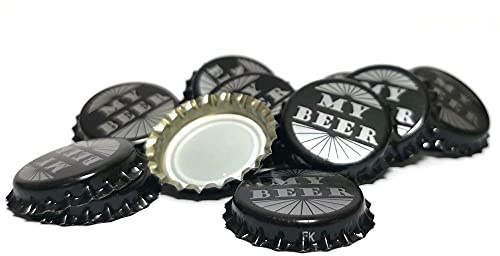 DIAH DO IT AT HOME 100 Pack 'My Beer' Printed Crown Caps 26mm - Decorative Black & White Bottle Tops for DIY Homebrew Craft Beer, Cider & Soft Drinks - Airtight Sealing Crowns (Set of 100)
