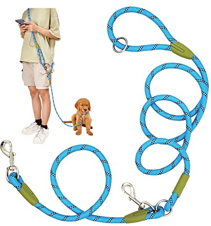 Hands Hundeleine zum Laufen, Spazierengehen, Training, Crossbody-Doppelleine für Hunde, 1,2 cm dick, Nylon, reflektierend, strapazierfähig, für kleine, mittelgroße und große Hunde, Blau