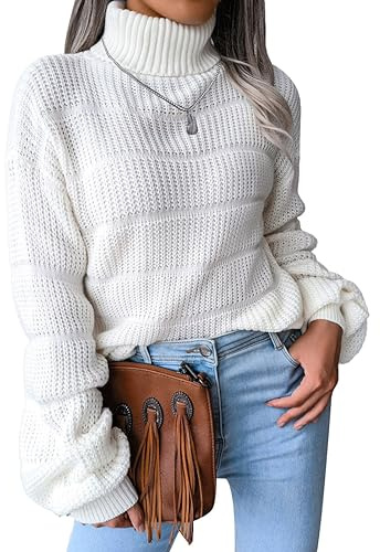 NLAND Jersey Mujer Invierno Cuello Alto Manga Larga Pullover Casual Ajustado Grueso Jersey de Punto Cálido Turtleneck Sweater para Otoño Invierno Suéter Elástico Tops Pull-Over（Blanco-1,M）