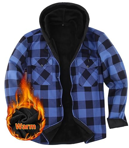 Iris Sprite Men's Plaid Shirt Padded Warm Lined Check Shirts Men Casual Plaid Shirts with Pocket Mens Hooded Check Jacket (Blue, L)
