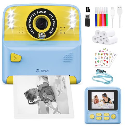 PHNIXGAM Sofortbildkamera Kinder mit 2-Blitzleuchten, Digitalkamera kinderkamera fotoapparat 2.4in HD Kamera Geschenke für Jungen Mädchen, einschließlich 5 Rollen Druckpapier und 32GB Karte, Blau