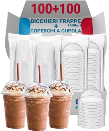 G.M. DISTRIBUZIONE 100 Bicchieri Frappè in PP da 400ml + 100 Coperchi A Cupola in PS, Bicchieri e Coperchi Riutilizzabili Trasparenti, Bicchiere Riutilizzabile Alta Qualità per Bar e Gelaterie