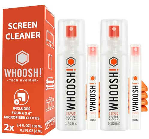 WHOOSH! Skärmrengörare Duo 100 ml, 8 ml Reseflaska, 2 Mikrofiberdukar, Kit Hem och Resa, Utan Alkohol, Inga Ränder, Smartphone, Glasögon, Laptop