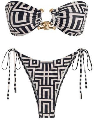 ZAFUL Women's Bandeau Bikini Shiny Metal Ring Decor Lace Up Tied Side High Cut Strapless Swimsuit