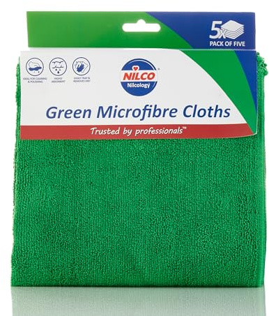 Nilco Chiffons Microfibres Verts, Paquet de 5, Chiffons de Nettoyage Doux, Non abrasifs et très absorbants pour Une Finition et sans Traces sur Toutes Les Surfaces.