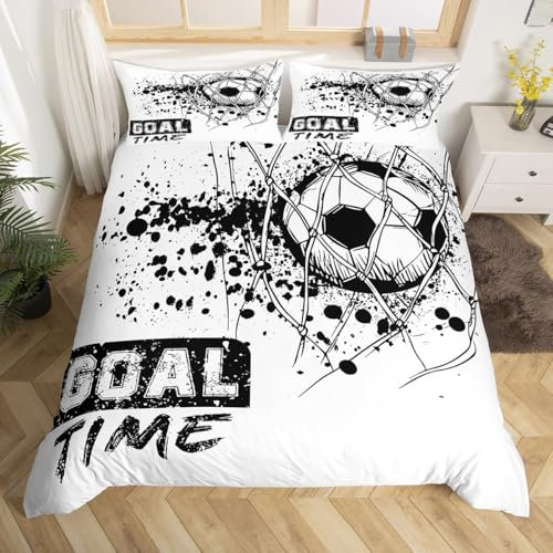 Loussiesd Juego de ropa de cama con diseño de fútbol americano para niños y niños, diseño de inyección de tinta, color blanco y negro, para decoración de dormitorio juvenil