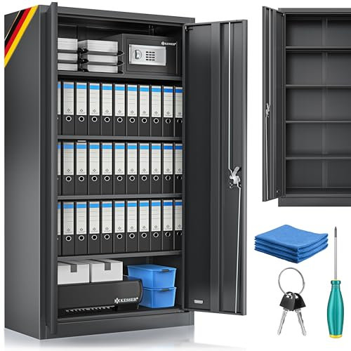 KESSER® Aktenschrank abschließbar mit Flügeltüren 180x60x40cm | Büroschrank aus Stahl mit 4 höhenverstellbaren Einlegeböden | Mehrzweckschrank 5 flexible Fächer, max. 40 kg pro Fach, inkl. 2 Schlüssel