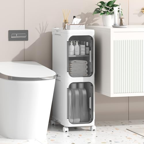 Enjinkail Mobile da bagno, mobile da pavimento, in plastica, con porta, carrello piccolo, impermeabile, con ruote, per soggiorno, cucina, 21 W x 67 x 34 D, 2 livelli