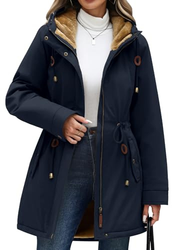 CMTOP Winter Water-repellent Jackets for Women Fleece Lined Hooded Parka | Adjustable Drawstring Waist Windproof Thicken Outerwear with Pockets, for Daily Commute Outdoor Activities
