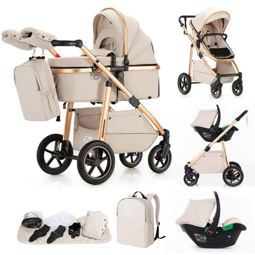 Gcarebb Sistema de viaje 3 en 1, cochecito con mango de altura ajustable y mosquitera, cochecito de bebé con marco de aluminio para recién nacidos de 0 a 4 años