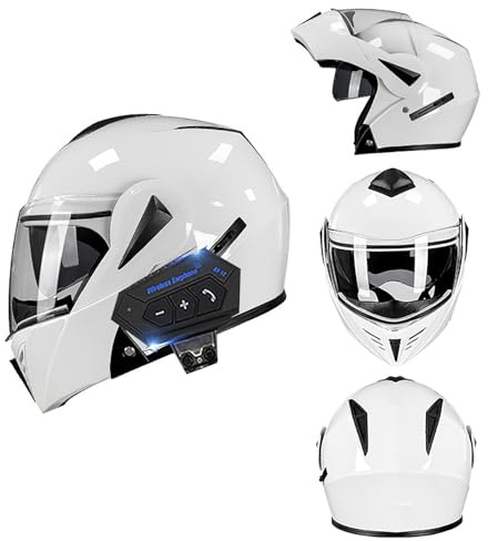 Frcychri Casque Moto Bluetooth, Casques De Moto ECE Homologué avec Double Visière Anti-Buée, Casque Avant Rabattable, pour Hommes Femmes F,2XL (63-64CM)