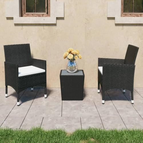 WSJHUHK Juego de bistró de jardín de 3 piezas de ratán y vidrio templado, color negro