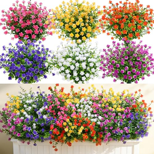 Alupssuc 20 Bundles Outdoor Artificial Flowers Spring Faux Greenery UV Resistant Fake Flower Bushes for Garden Porch Vase Pot Wedding Farmhouse Decor (Purple Rose Magenta Orange Yellow White)