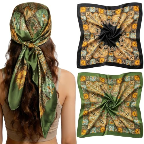 MELLIEX 2 st stor fyrkantig huvudduk, mode satin bandana, färgglada näsdukar tester, klassiska bandanas hårscarf