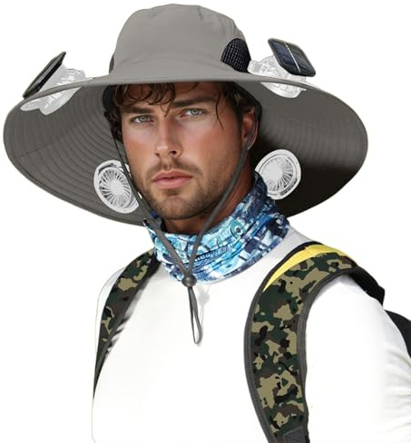 2026 Carga USB Ventilador de Carga Solar Extraíble Sombrero Integrado de Ala Grande Sombrero de Verano para Exteriores Sombrero de Senderismo y Pesca para Hombre (Versión con Tres Ventiladores) Ligero