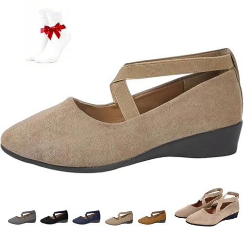 Ballerinaskor Dam med Låg Kilklack, Slip-On Damskor med Korsade Elastiska Remmar, Rund Stängd Tå för Kontor Bröllop Fest och Vardagsbruk