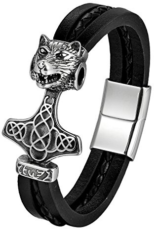 JewelryWe smycke män armband rostfritt stål läderrem drake drakhuvud thors hammare armband armsmycken, magnetlås, svart