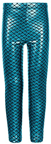 Crazy Chick Kids Full Length Elastic Waist Fish Scale Mermaid Disco Legging - Girls Metallic Shiny Wet Look Comfortable Stretchy Tights Dance Party Children Tights Pants (5-6 Years, Turquoise)