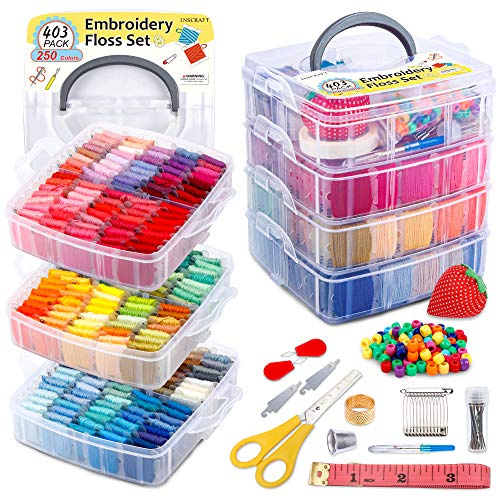 Inscraft Juego de 403 hilos de bordado, 250 colores de hilo de punto de cruz para pulsera de la amistad con 153 herramientas de punto de cruz, caja transparente de 4 niveles para almacenamiento