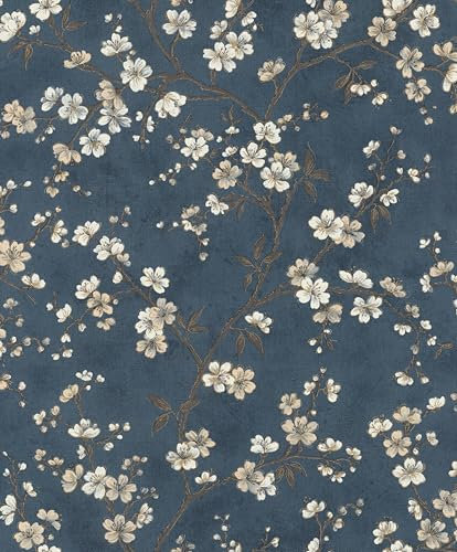 Rasch 456738 Papier peint intissé bleu avec petites fleurs de cerisier en blanc et beige, 10,05 m x 0,53 m (L x l)