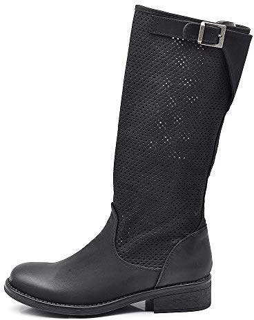 IF Fashion Stivali Stivaletti da Donna Biker Motociclista Traforati Primaverili Estivi con Fibbia LY70-4 Nero N.38